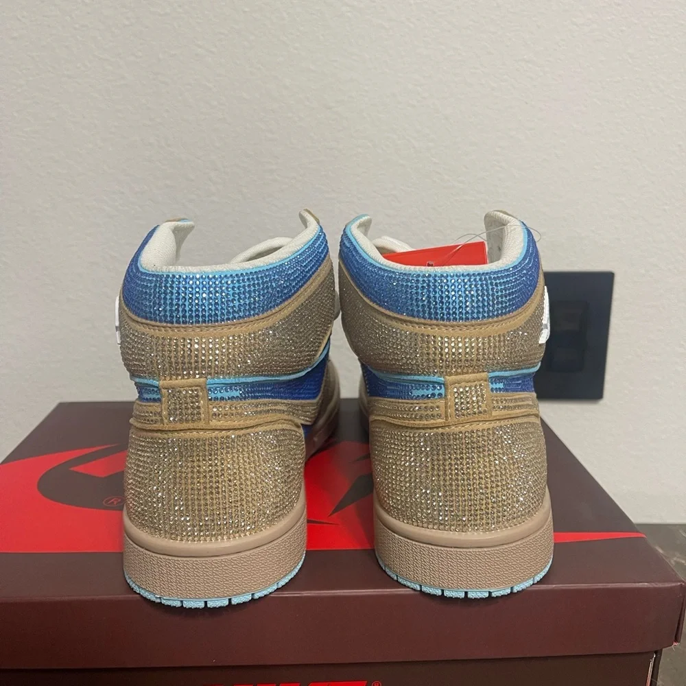 Custom Blue & Gold Rhinstone Nike Air Jordan Sneakers Euro 46, Fits Men's 10.5